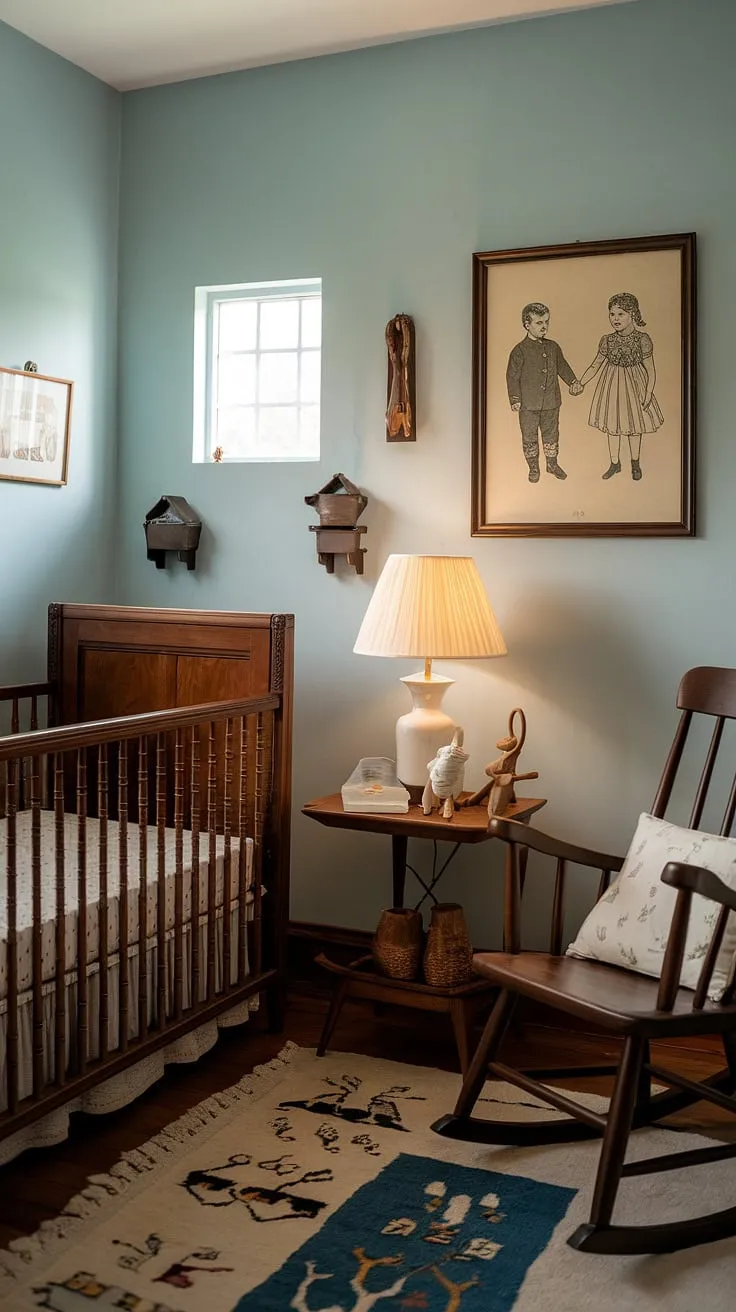 A haven of gentle blues and weathered wood, this vintage nursery whispers tales of quiet nights and sweet dreams. The soft glow of the lamp illuminates a space filled with cherished heirlooms, promising a legacy of love and comfort for generations to come. A perfect sanctuary for a little one.