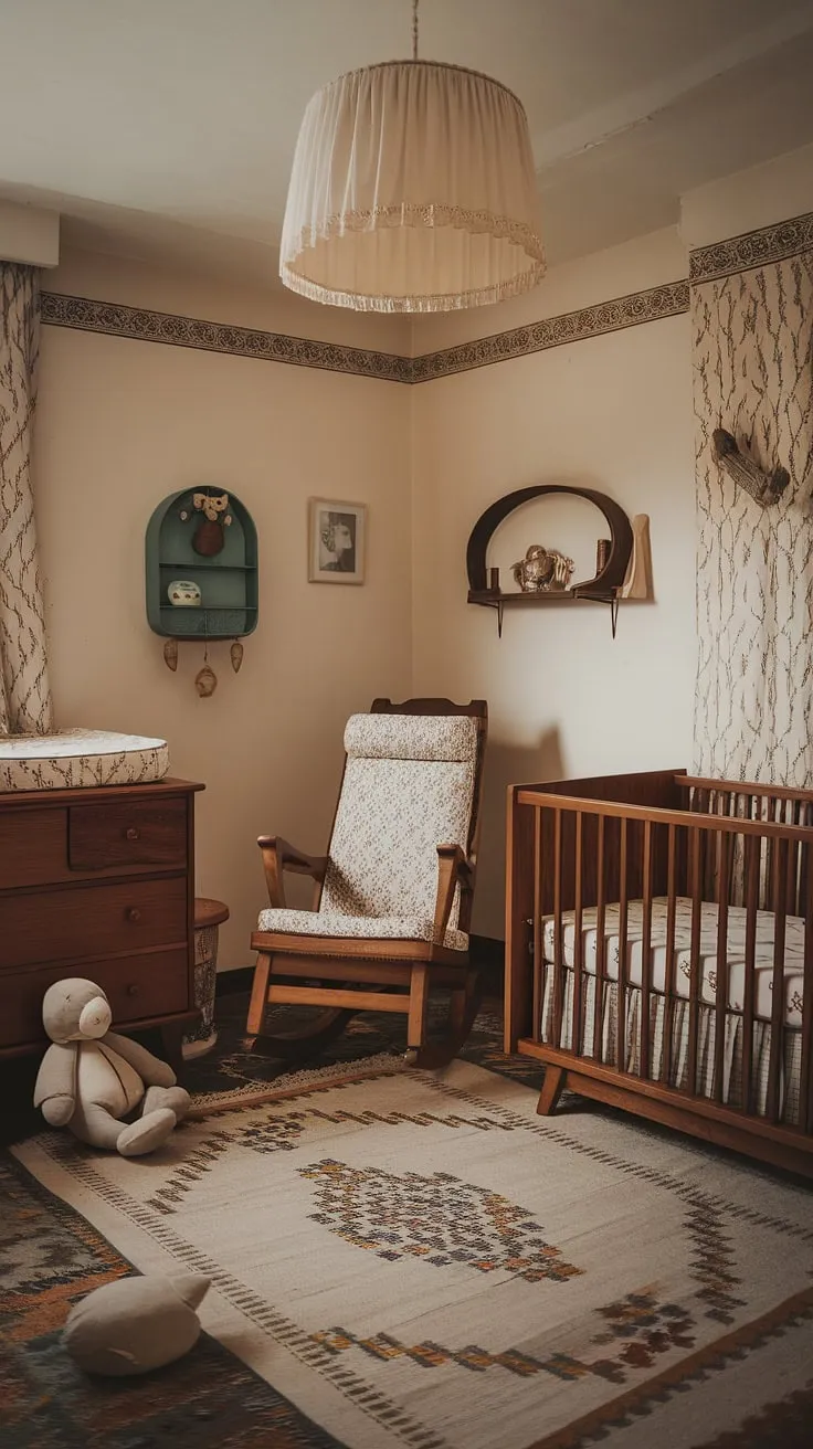 This lovingly curated vintage nursery is a testament to timeless elegance. The warm glow of the wooden crib, the comforting presence of the rocking chair, and the carefully chosen decorative items all contribute to a space that feels both nostalgic and utterly enchanting. A truly special place for a new arrival.