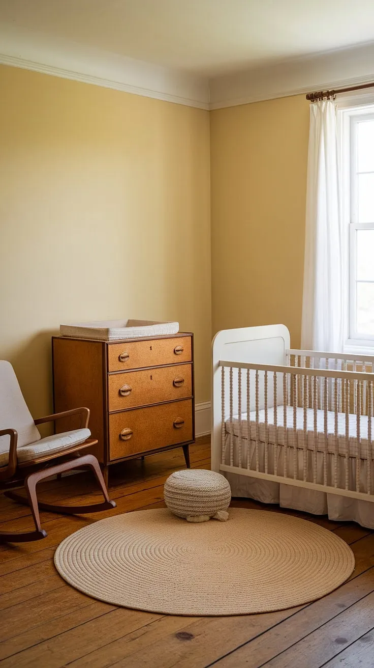 A sun-drenched haven of gentle whispers and sweet dreams. This vintage nursery, bathed in soft yellow light, promises peaceful nights and cherished moments. The antique dresser, wooden rocker, and pristine crib create a space of timeless elegance, a sanctuary for the newest member of the family. A perfect blend of old-world charm and modern comfort.