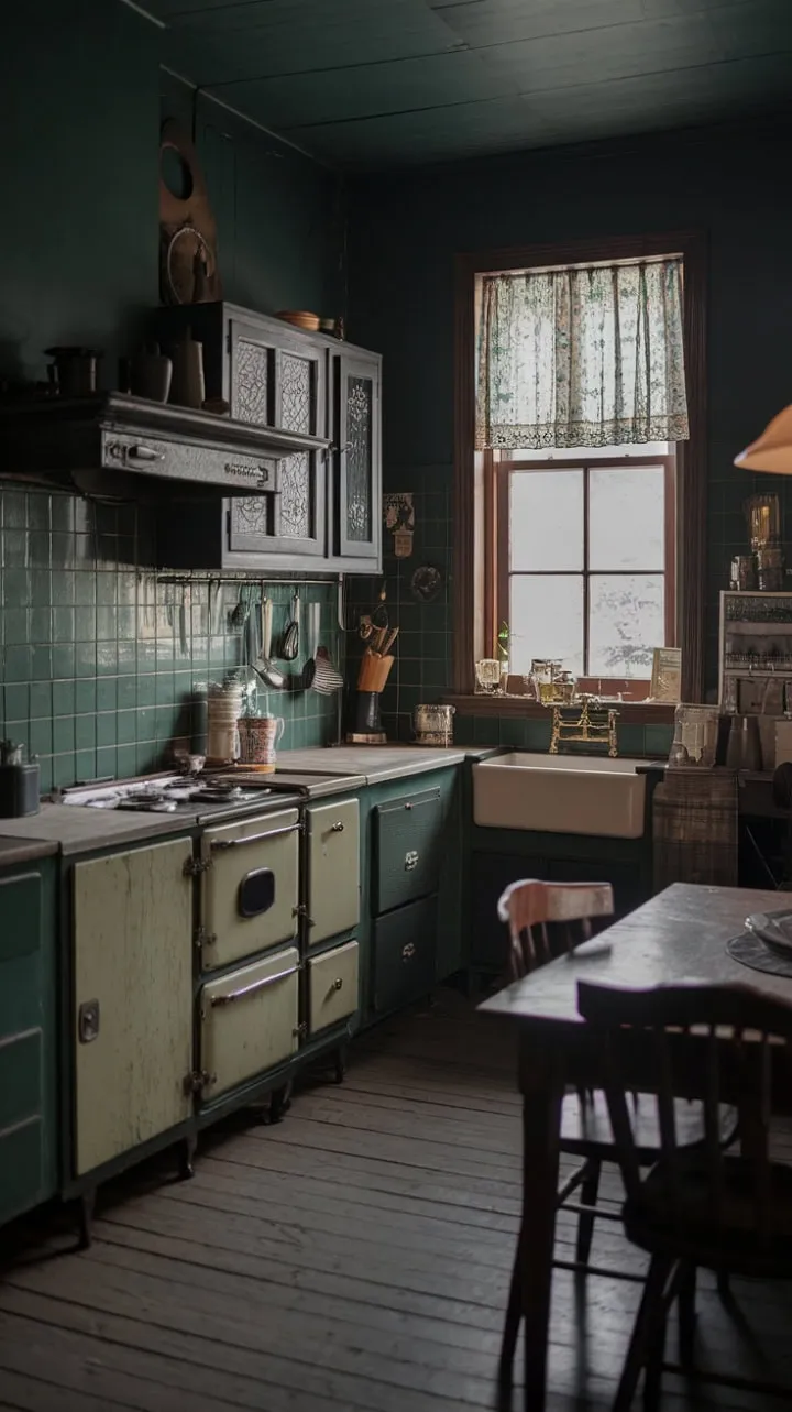 In this vintage kitchen, the warm glow of lamplight and the fragrant spices simmering on the stove weave a tapestry of cozy elegance and cherished memories.