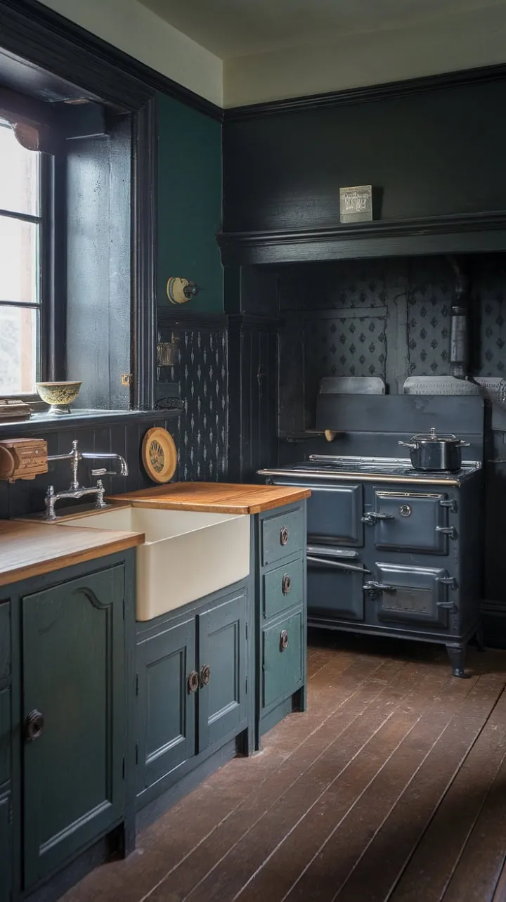 This captivating Victorian kitchen, with its deep green walls and vintage stove, radiates warmth and nostalgia, blending character and history seamlessly.