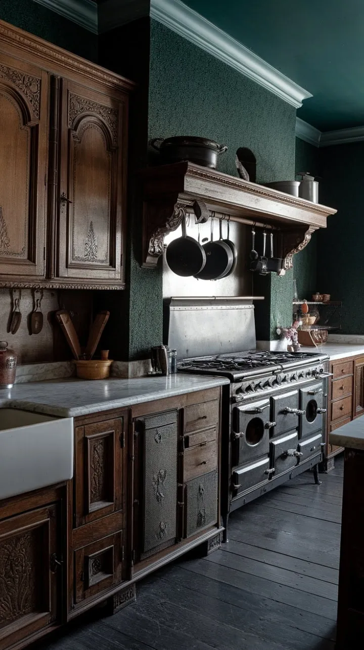 The vintage kitchen, adorned with dark green walls and intricately carved cabinets, radiates a cozy charm steeped in the craftsmanship and tales of bygone generations.