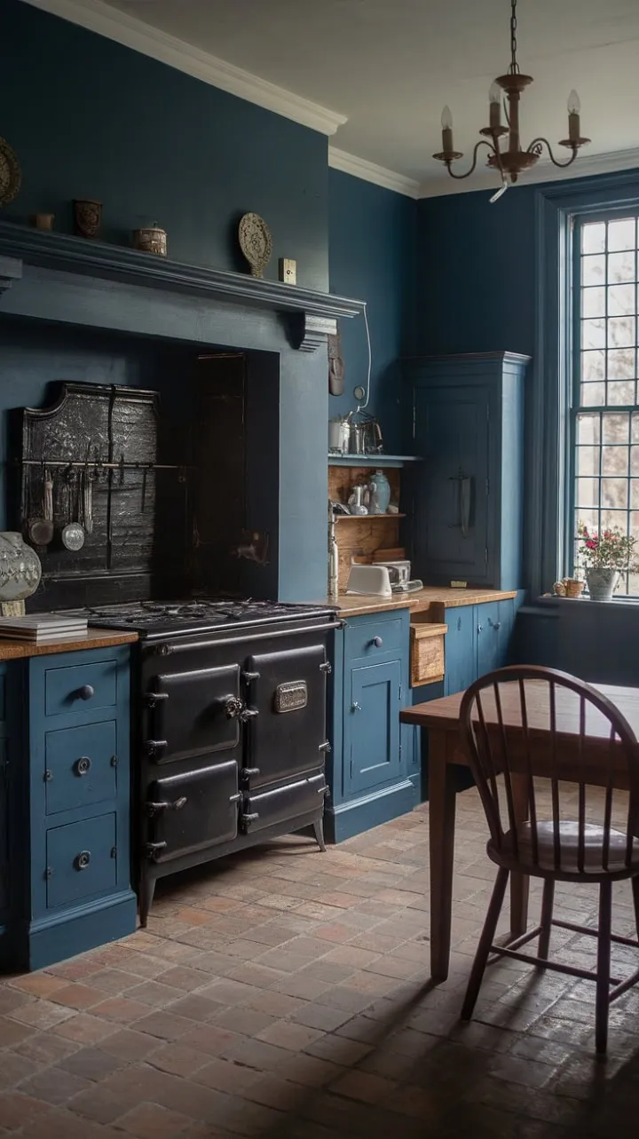 A moody Tudor-inspired kitchen, with deep blue walls and antique cabinetry, harmoniously blends rustic charm and historical warmth around a welcoming wooden table.