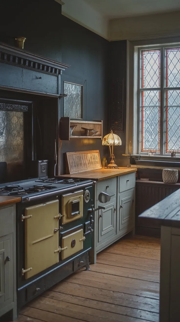 This dark moody vintage kitchen showcases antique kitchen cabinets, a vintage stove, and a wooden countertop, perfectly blending Victorian kitchen style with Tudor kitchen ideas in a historic home interior.
