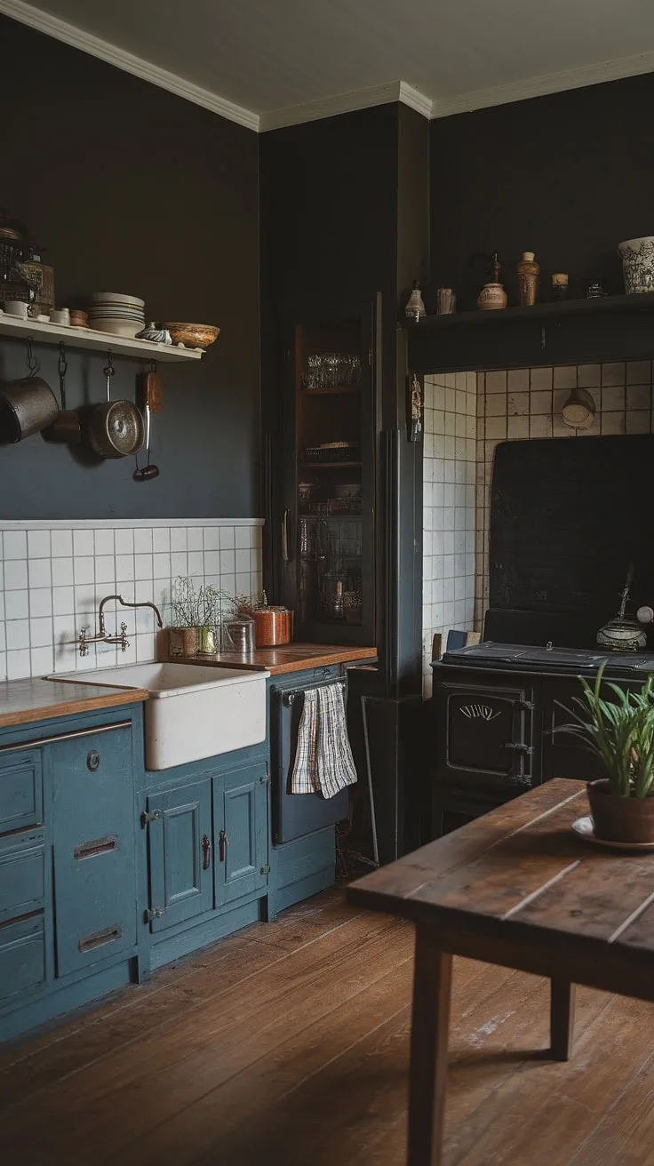 The vintage kitchen's antique cabinets, wood stove, and soft lighting create a captivating dark moody aesthetic perfect for vintage home decor enthusiasts.