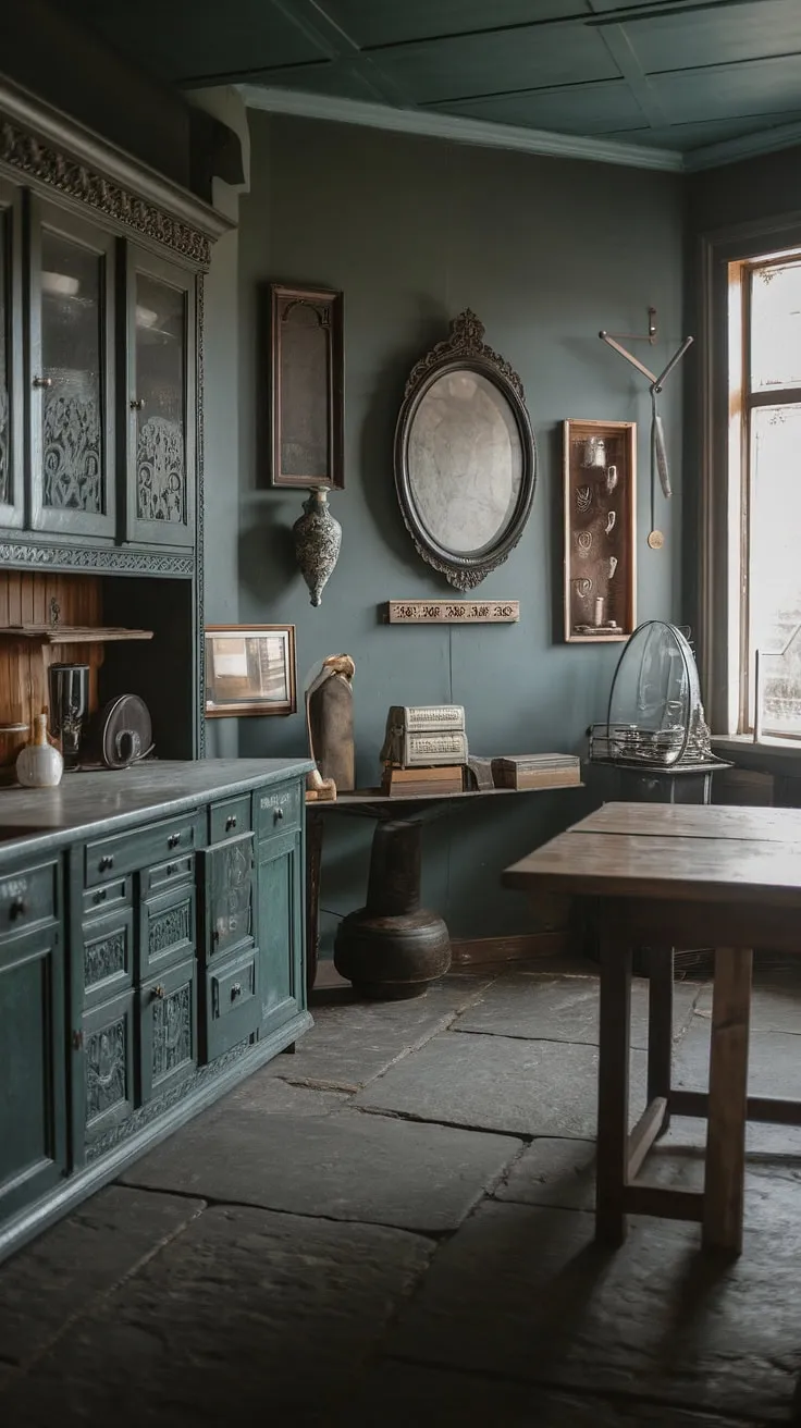 This dark moody vintage kitchen, featuring intricately carved antique kitchen cabinets and vintage home decor, beautifully captures the essence of Victorian kitchen style within a historic home interior.