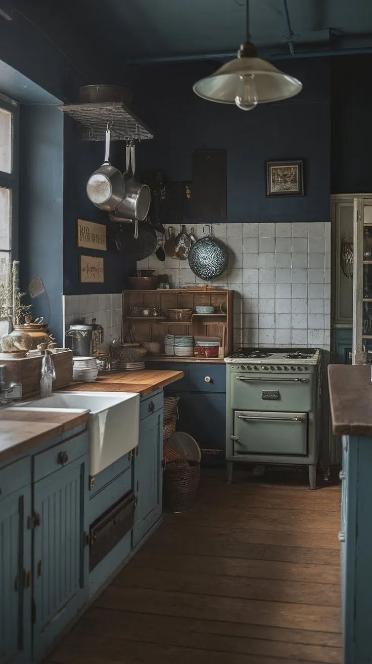 This dark moody vintage kitchen, featuring antique kitchen cabinets and a vintage oven, beautifully captures the essence of historic home interiors with its Victorian style and Tudor kitchen ideas.