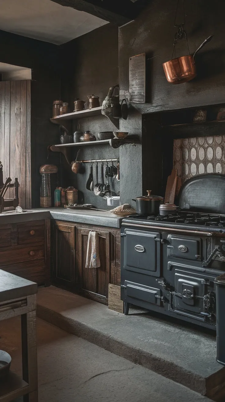 This dark moody vintage kitchen showcases antique kitchen cabinets and a Victorian kitchen style, blending historic home interior elements with charming vintage home decor.