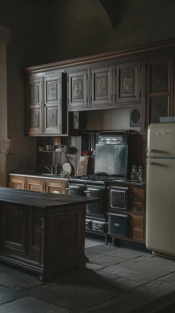This dark moody vintage kitchen, featuring intricately carved antique kitchen cabinets and a large wooden island, beautifully captures the essence of Victorian kitchen style within a historic home interior.