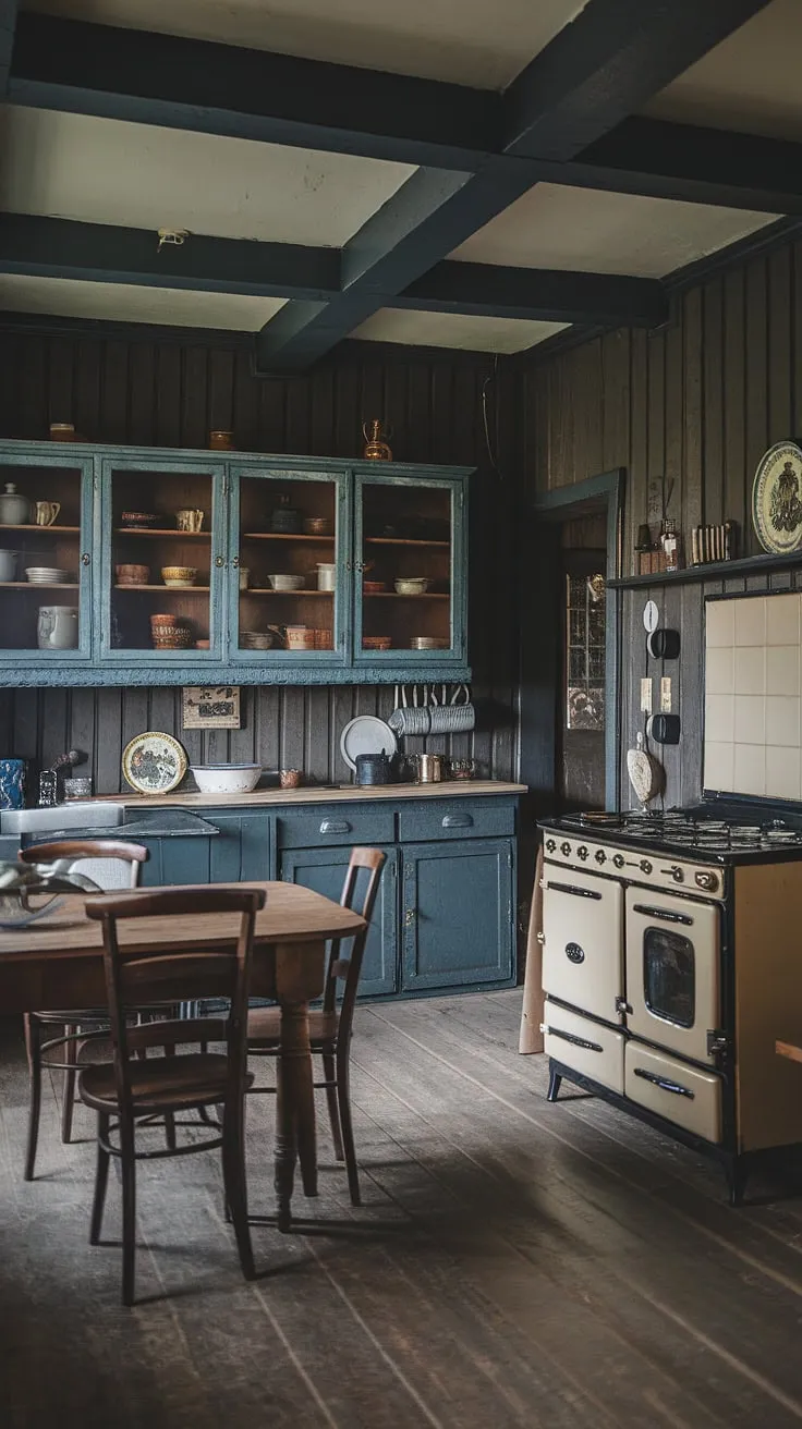 This dark moody vintage kitchen showcases an antique kitchen aesthetic with wood paneling, antique cabinets, and a Victorian style that beautifully complements vintage home decor.