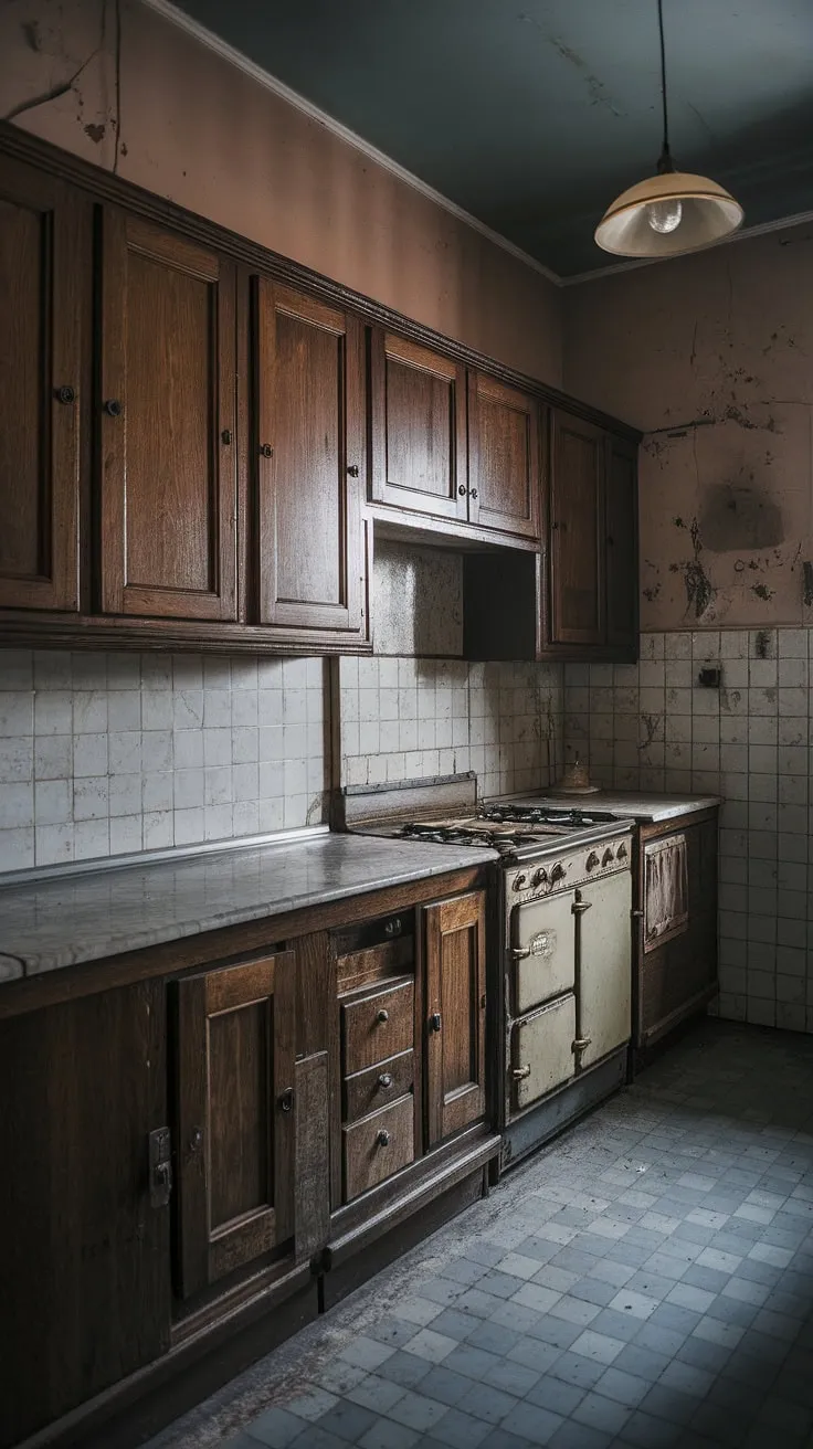 The vintage home decor of this antique kitchen aesthetic showcases dark brown wooden cabinets and a charmingly imperfect ambiance, perfect for those who appreciate the allure of a historic kitchen.