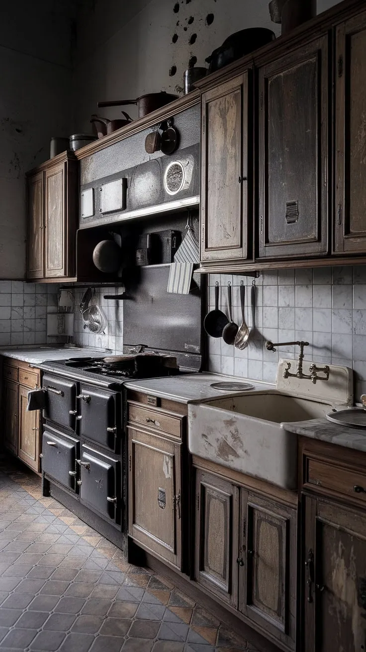 With its aged wood cabinets and marble countertops, this vintage kitchen exudes a charming antique aesthetic perfect for Tudor kitchen ideas.