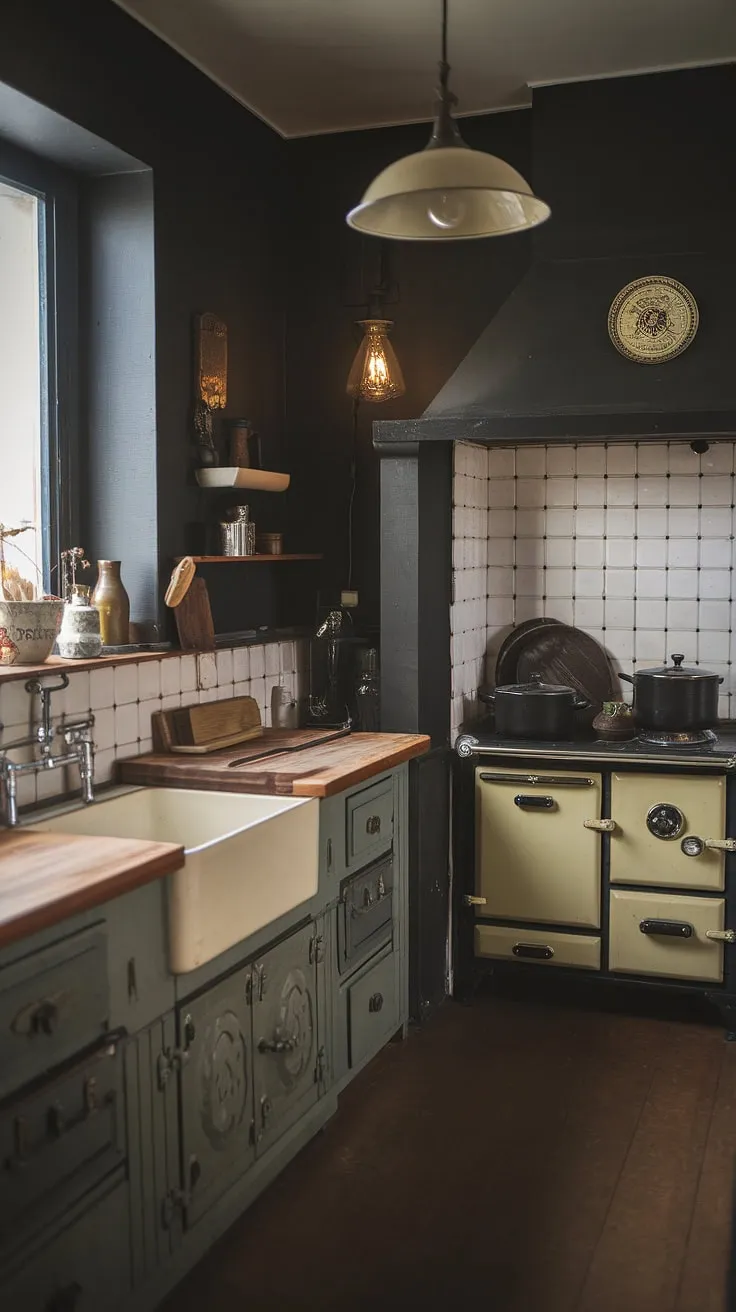 With its warm ambiance and charming details, this vintage kitchen showcases the perfect blend of antique kitchen aesthetics and Tudor kitchen ideas.