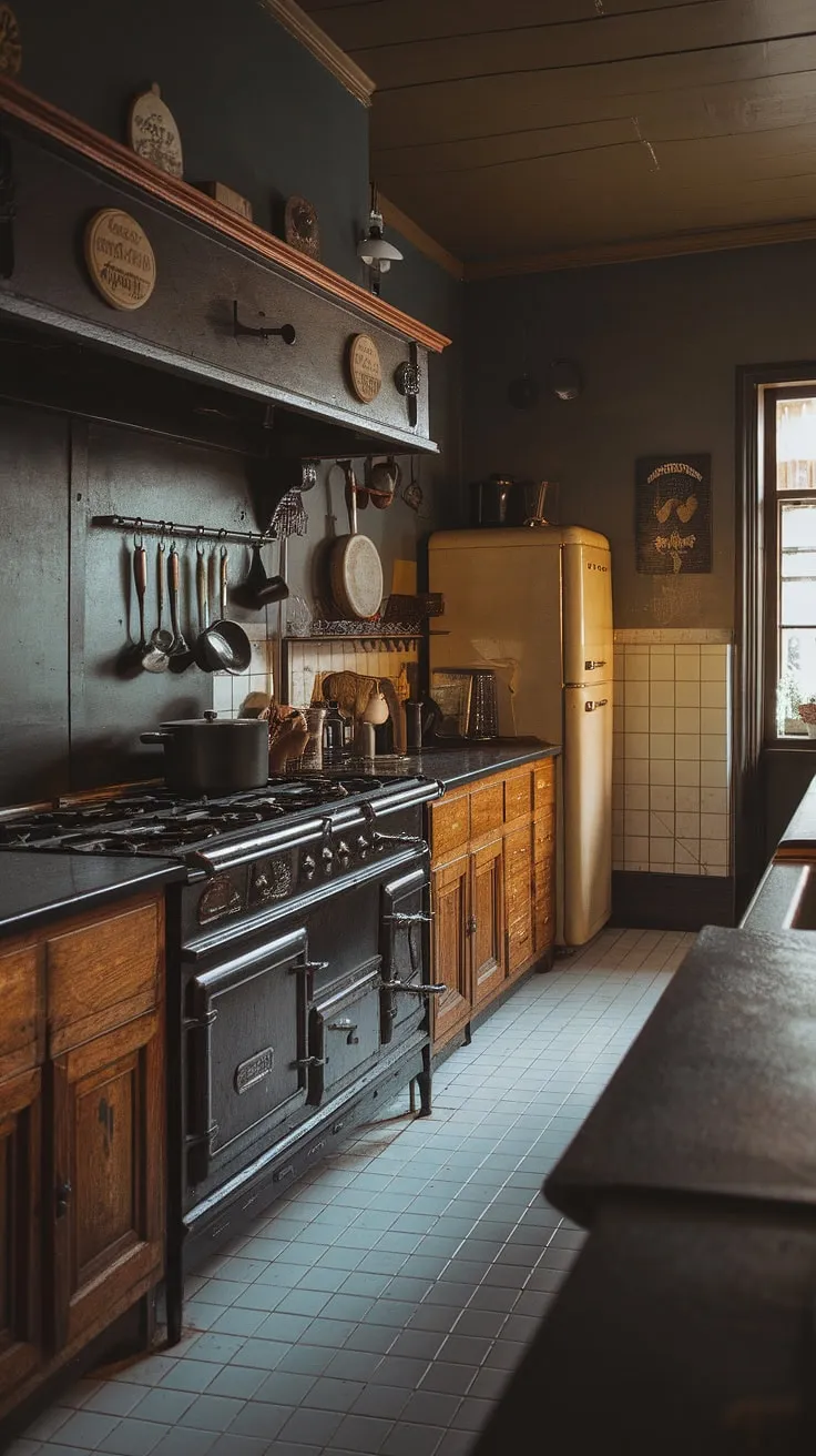 This dark moody vintage kitchen showcases antique kitchen cabinets and a large vintage stove, perfectly embodying the charm of historic home interiors with a Victorian kitchen style.