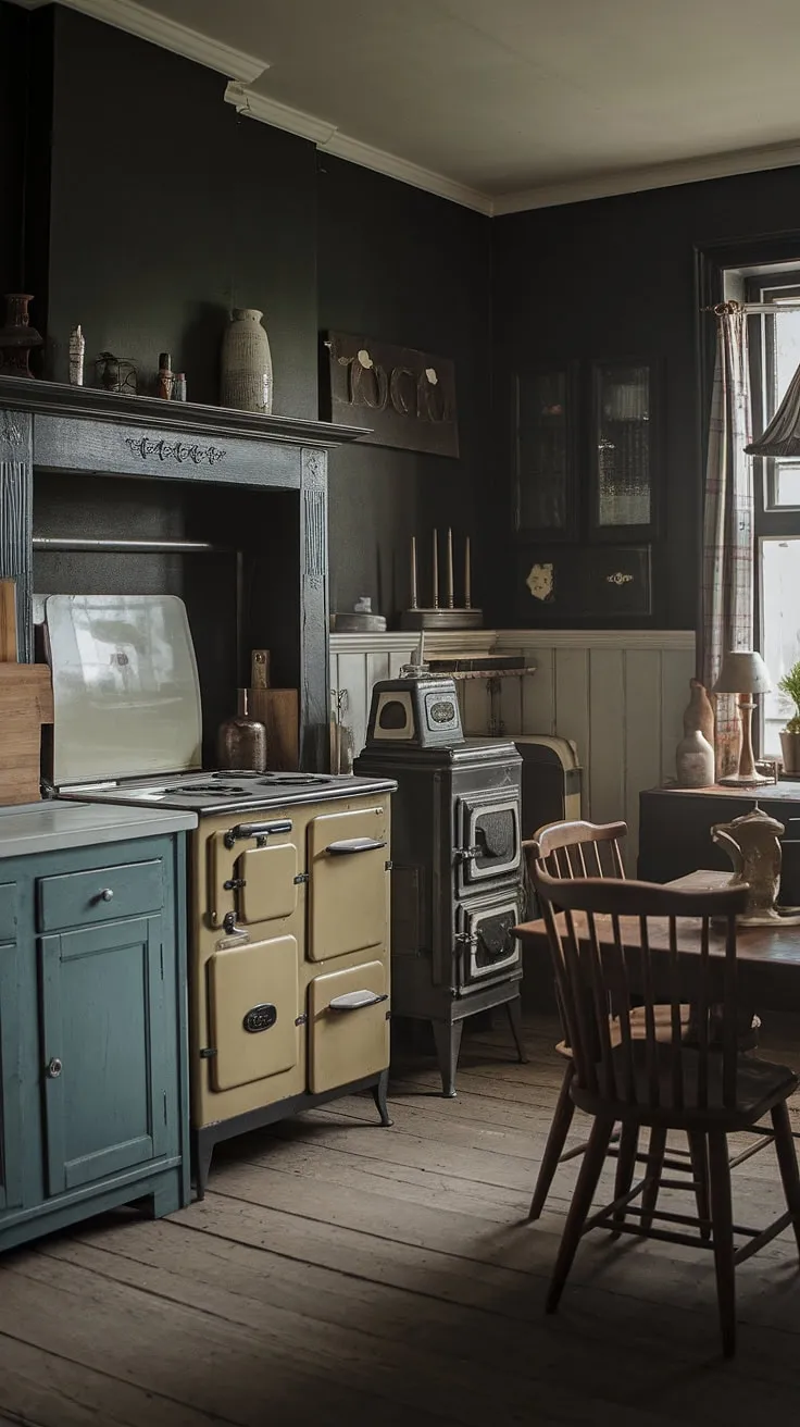 This dark moody vintage kitchen, featuring antique kitchen cabinets and a vintage stove, beautifully captures the cozy nostalgia of historic home interiors with its Victorian kitchen style and Tudor kitchen ideas.