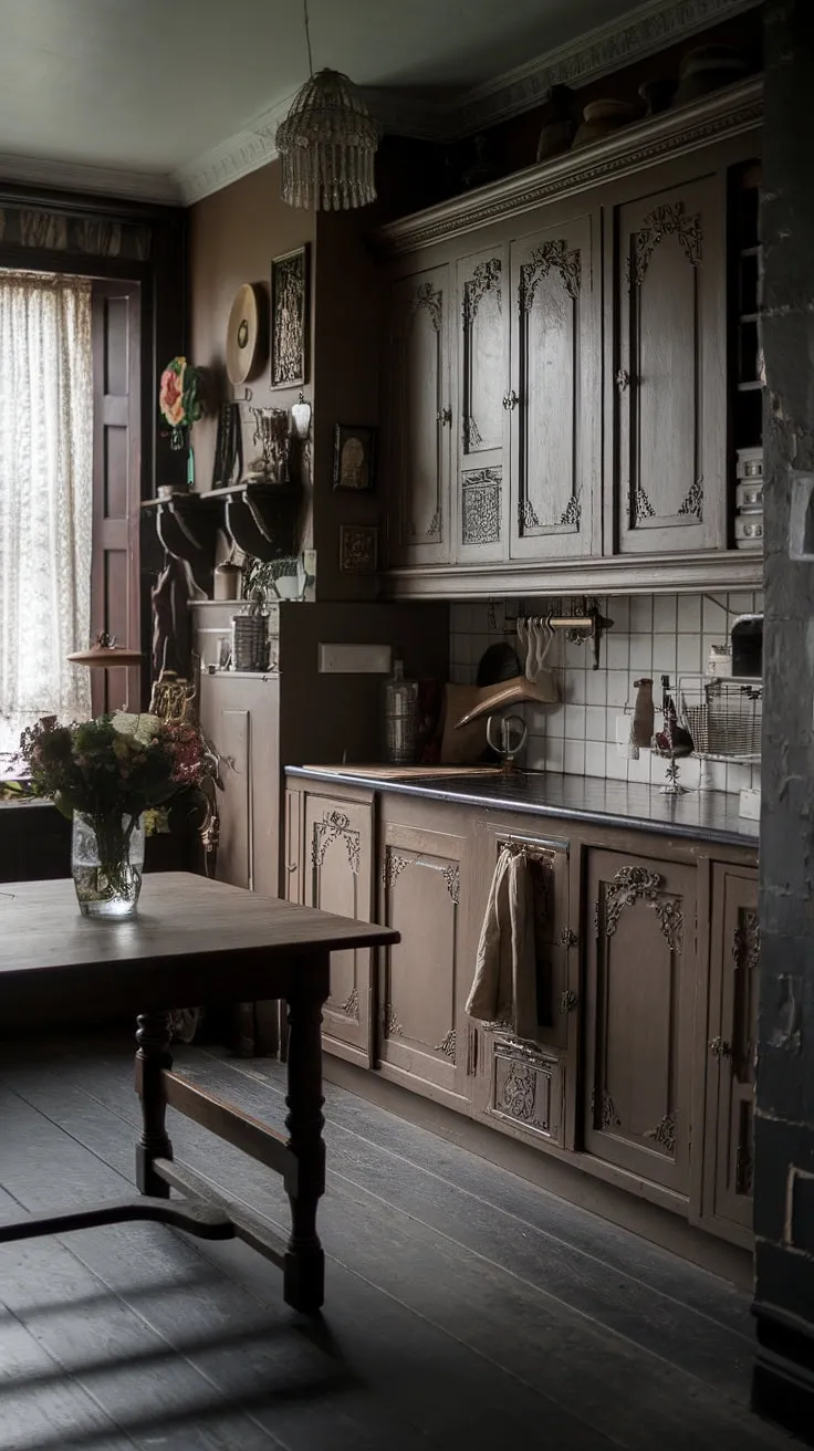 The dark wood flooring and antique kitchen cabinets create a captivating vintage kitchen that beautifully embodies the charm of historic home interiors with a moody vintage vibe.