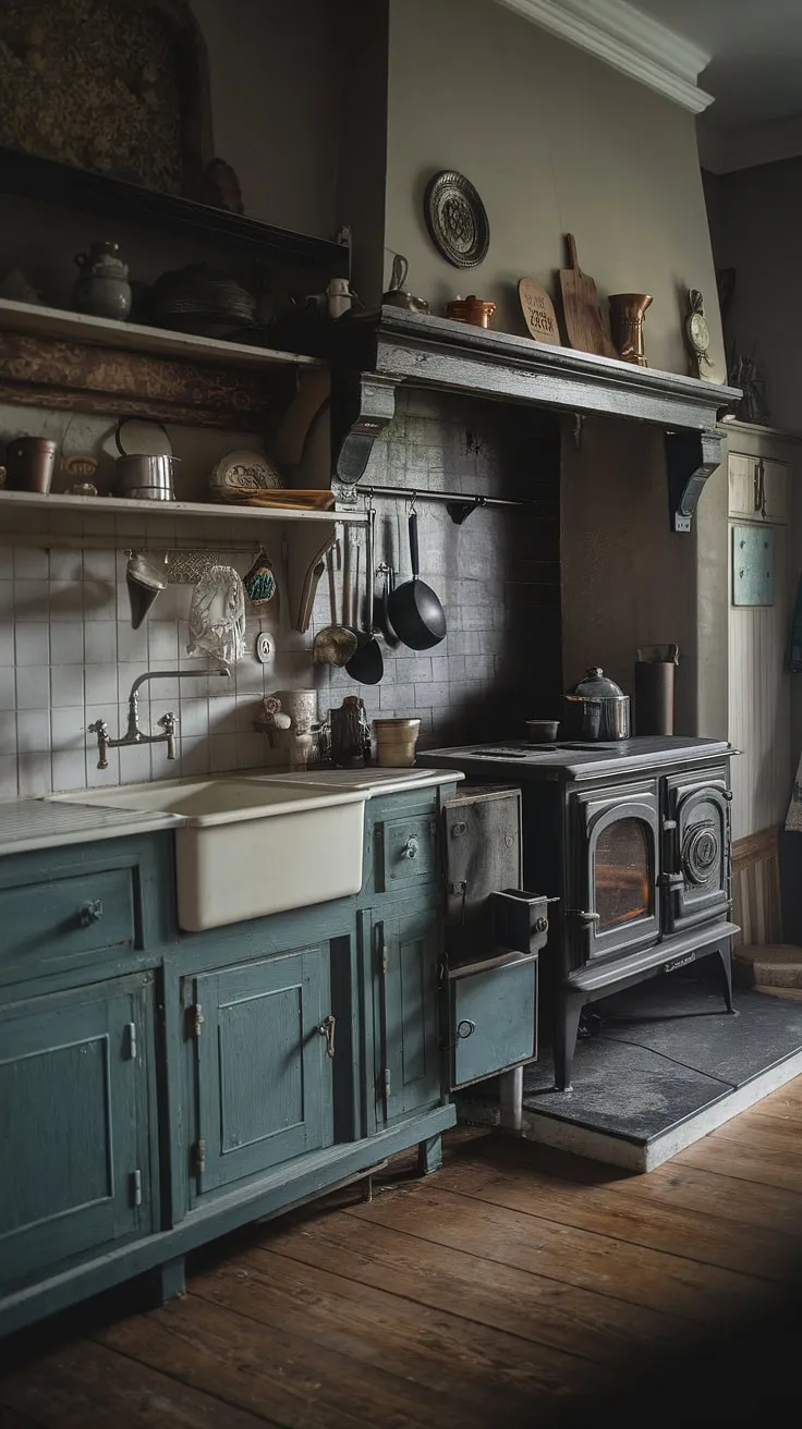 This dark moody vintage kitchen showcases antique cabinets and a vintage sink, perfectly embodying the Victorian kitchen style and Tudor kitchen ideas within a historic home interior.
