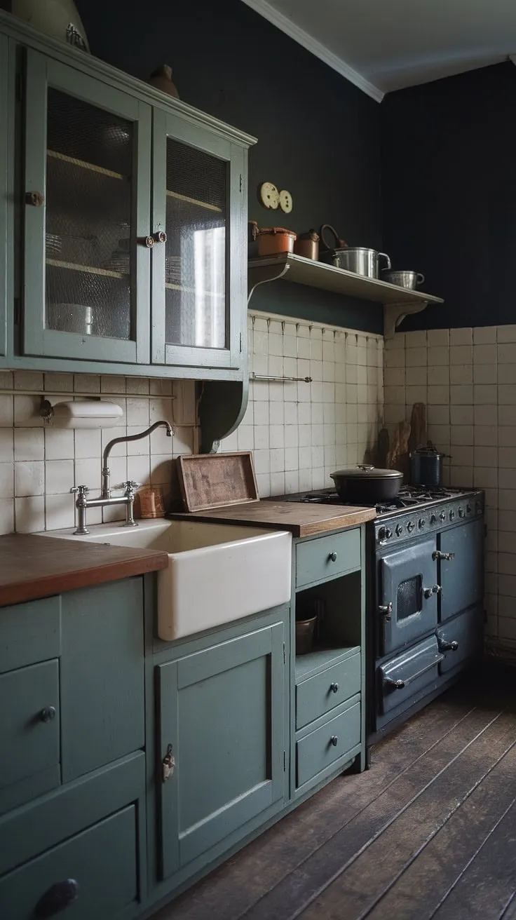 This dark moody vintage kitchen showcases antique kitchen cabinets and a vintage sink, perfectly capturing the essence of historic home interiors with a Victorian kitchen style.