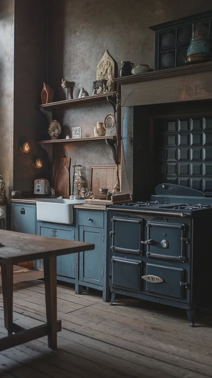 With its textured walls, wooden planks, and soft lighting, this antique kitchen aesthetic showcases stunning Tudor kitchen ideas and vintage home decor.