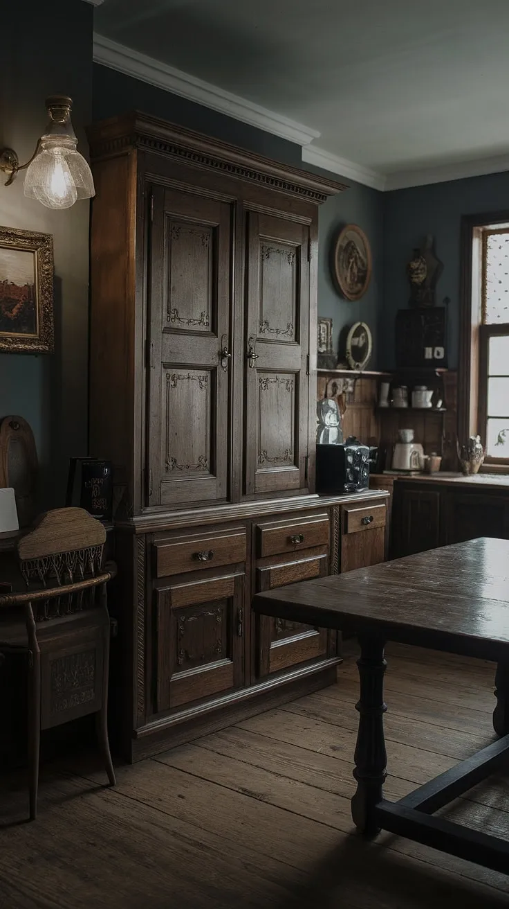 With its ornate dark wood cabinets and vintage decor, this antique kitchen aesthetic embodies the charm of Tudor kitchen ideas in a beautifully moody setting.