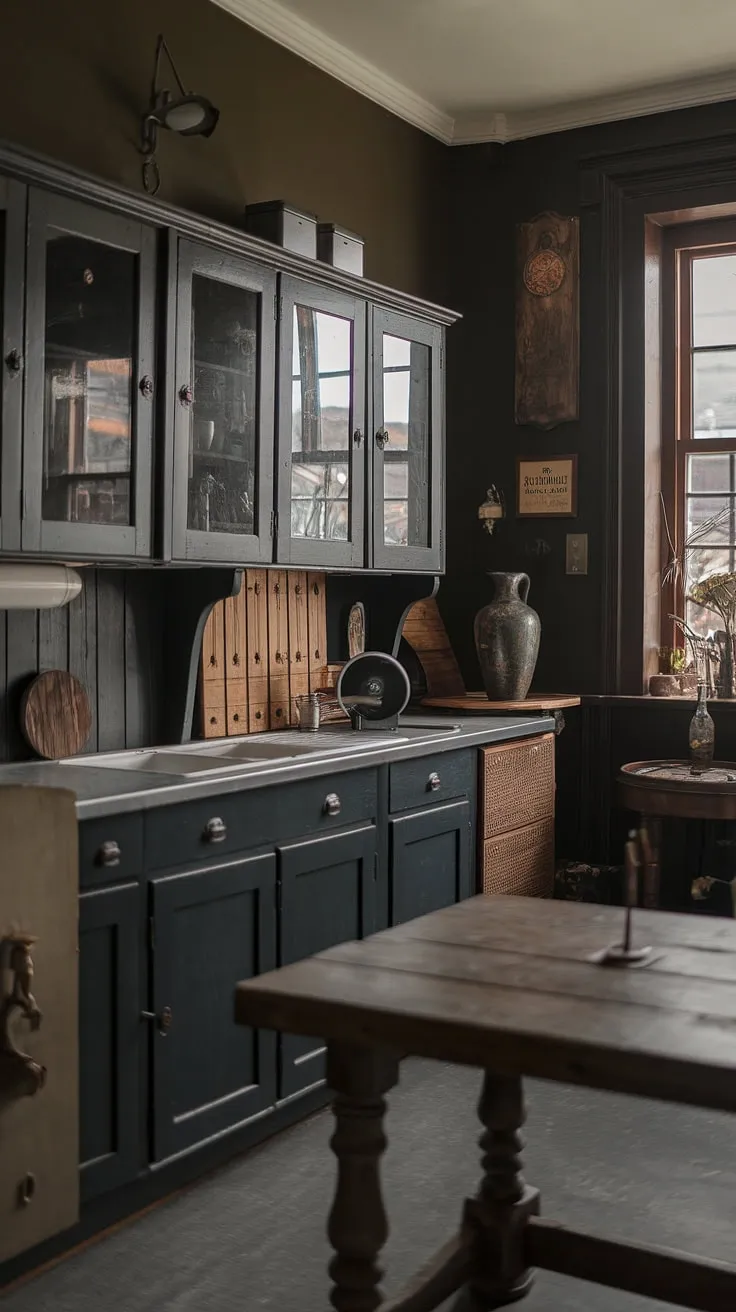 This vintage kitchen showcases an antique kitchen aesthetic with dark moody cabinets, a cozy Victorian style, and charming vintage home decor that beautifully complements its historic home interior.