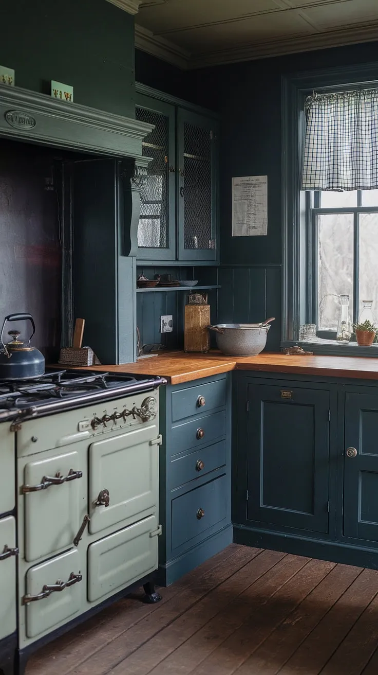 This dark moody vintage kitchen showcases antique kitchen cabinets and a vintage range, perfectly embodying the Victorian kitchen style and Tudor kitchen ideas within a historic home interior.
