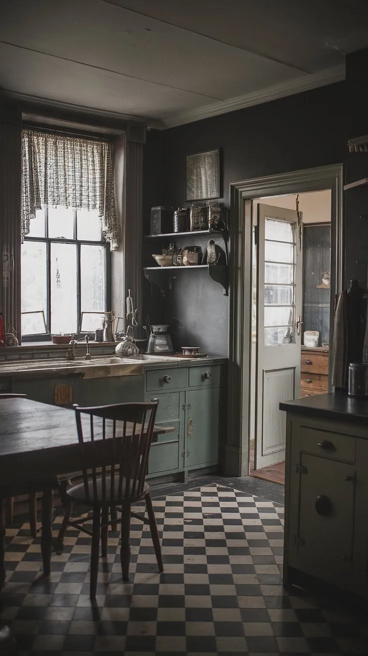 Featuring a black and white checkered floor and rustic wooden furnishings, this vintage kitchen captures the essence of antique home decor in a captivatingly moody setting.