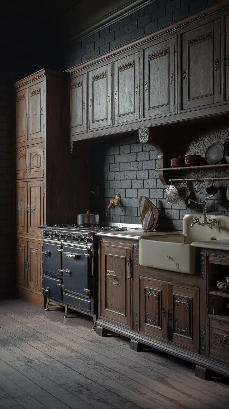 This dark moody vintage kitchen features antique kitchen cabinets with intricate carvings, a vintage stove, and a Victorian style that beautifully complements its historic home interior and Tudor kitchen ideas.