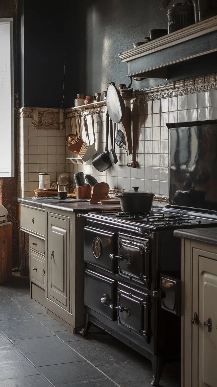 With its intricate wall patterns and vintage items like a stove and cast iron pot, this antique kitchen aesthetic showcases Tudor kitchen ideas in a cozy, historic home interior.