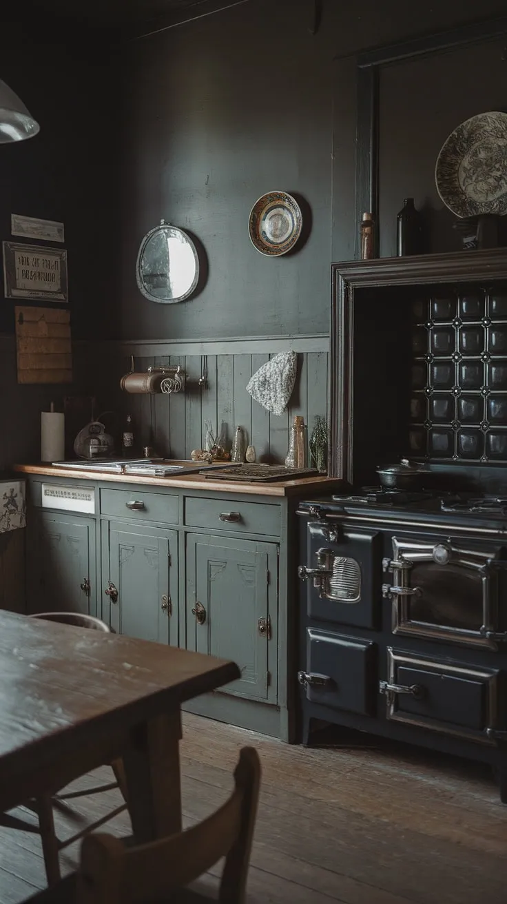 This dark moody vintage kitchen, featuring antique kitchen cabinets and a vintage stove, beautifully captures the cozy nostalgia of Victorian kitchen style within a historic home interior.