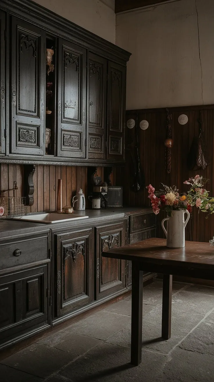 With its antique kitchen cabinets and stone floor, this vintage kitchen captures the essence of Tudor kitchen ideas while showcasing a captivating dark moody aesthetic.