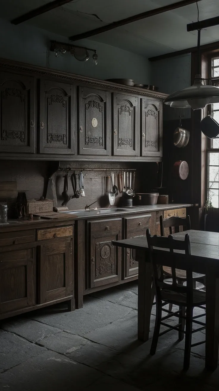 With its antique kitchen cabinets and stone floor, this dark moody vintage kitchen showcases a stunning Victorian kitchen style that perfectly complements Tudor kitchen ideas in a historic setting.