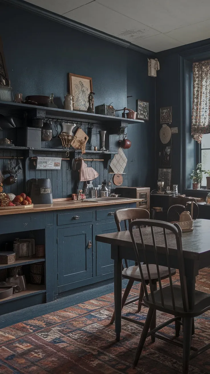 This dark moody vintage kitchen, featuring antique kitchen cabinets and a Victorian aesthetic, beautifully showcases historic home interior elements alongside Tudor kitchen ideas.