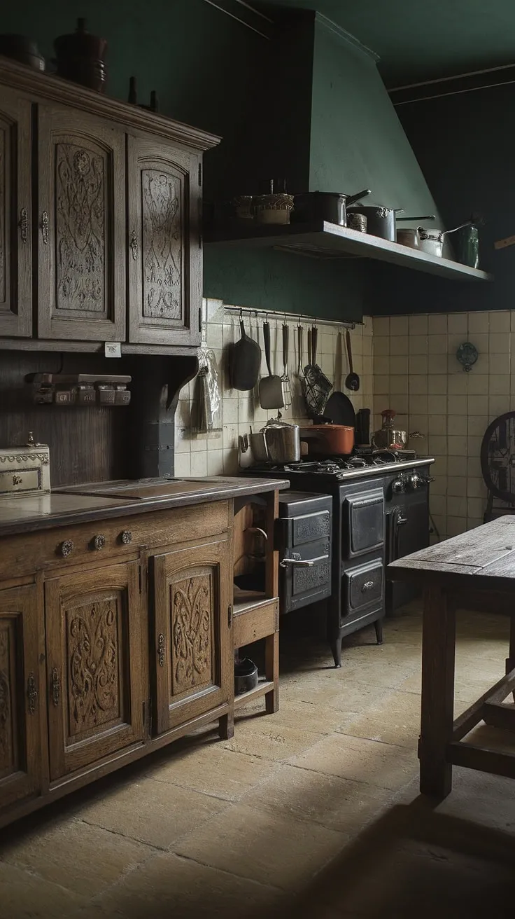 Featuring a rich dark green hue and charming kitchen utensils, this Tudor kitchen idea captures the essence of vintage home decor.