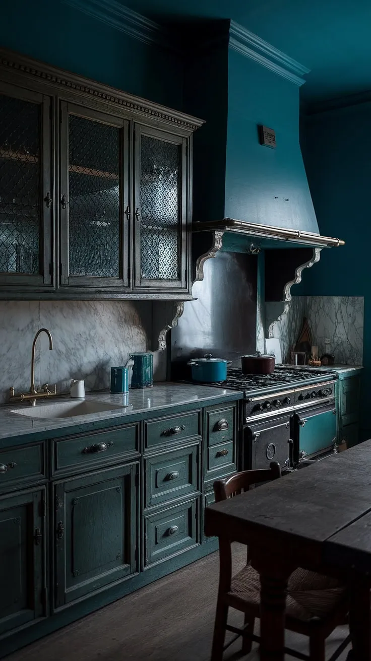 This dark moody vintage kitchen, featuring intricate antique kitchen cabinets and a cozy Victorian style, beautifully captures the essence of vintage home decor with its deep blue walls and marble countertops.