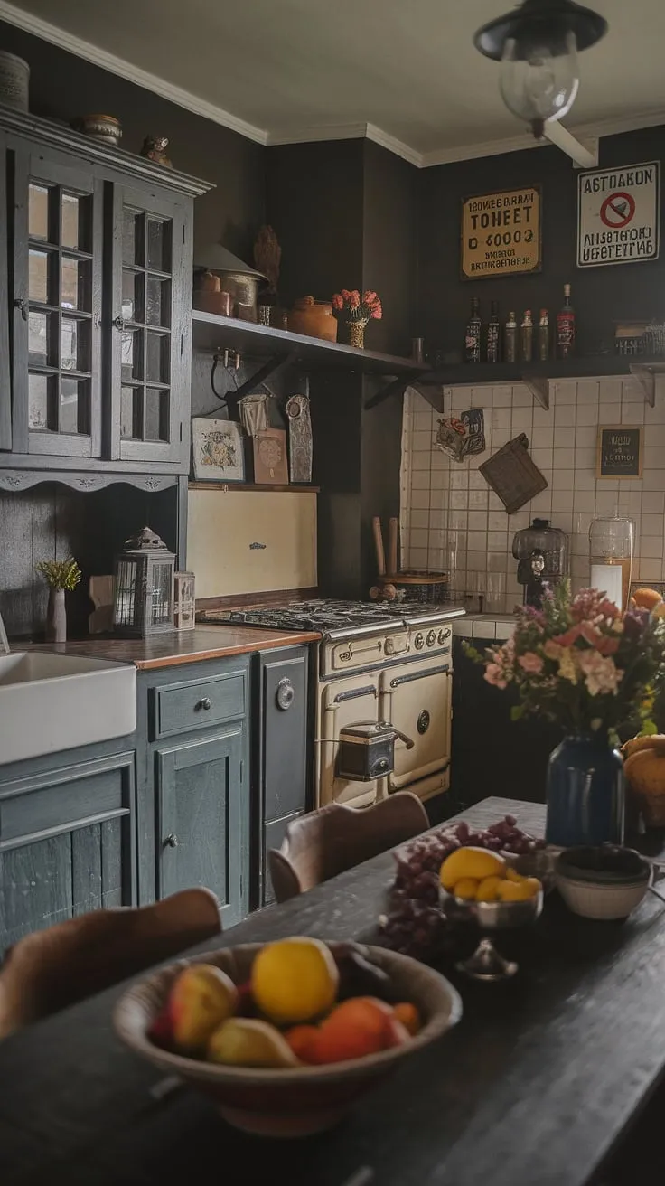 With its cozy ambiance and vintage home decor elements, this antique kitchen aesthetic showcases Tudor kitchen ideas through its charming details and rich colors.