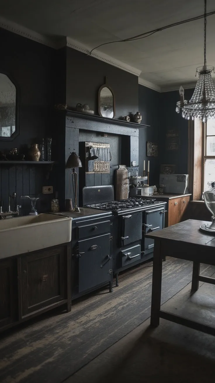 This dark moody vintage kitchen features antique cabinets and decor, capturing the essence of Victorian style and Tudor ideas in a historic home interior.