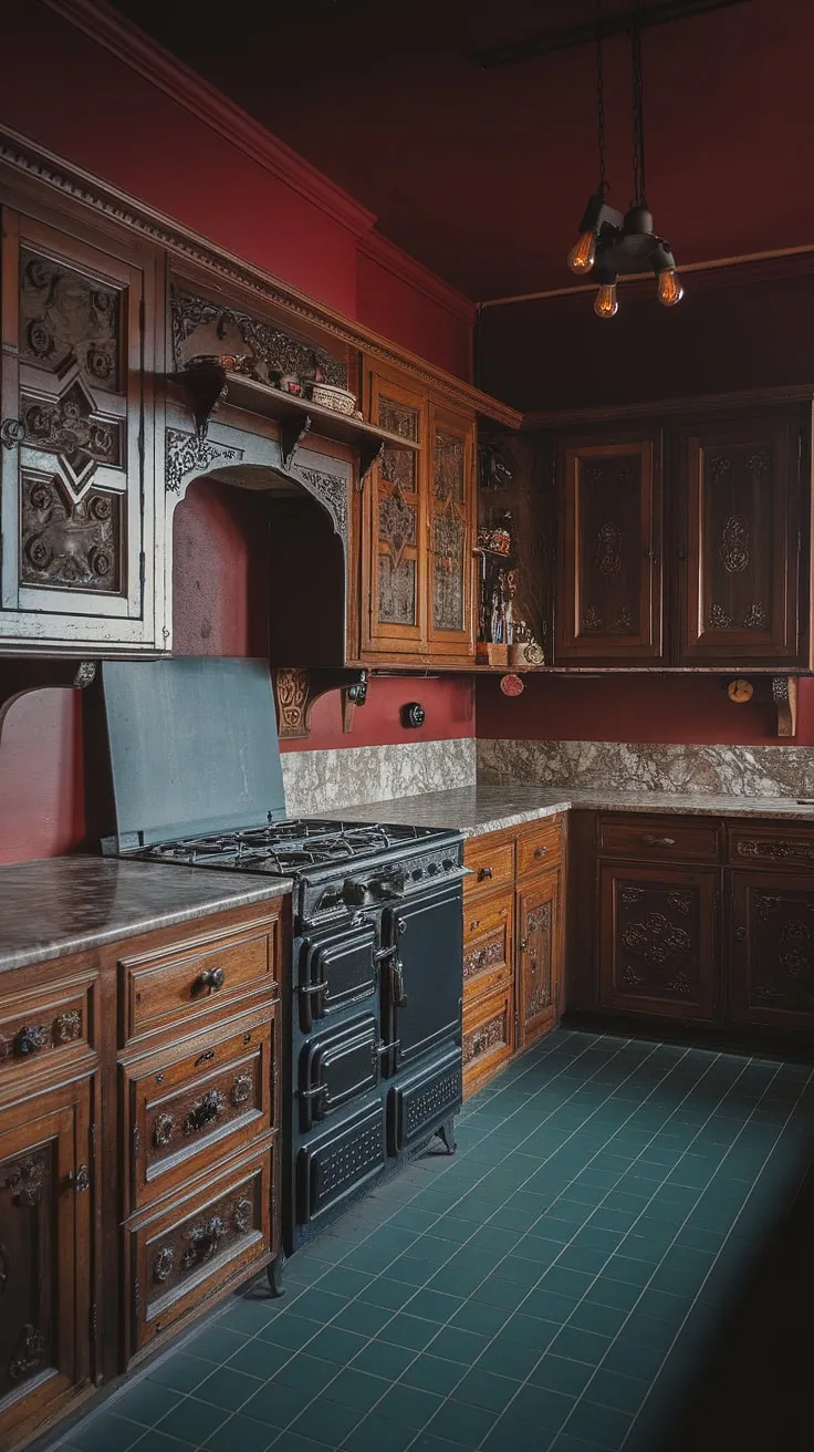 With its intricate antique kitchen cabinets and warm ambiance, this dark moody vintage kitchen captures the essence of Tudor kitchen ideas and vintage home decor.