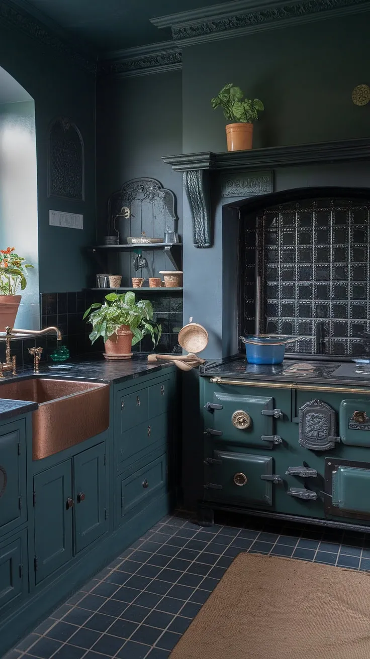 This dark moody vintage kitchen, featuring antique cabinets and a Victorian style, beautifully showcases vintage home decor with its ornate stove, copper sink, and cozy historic ambiance.