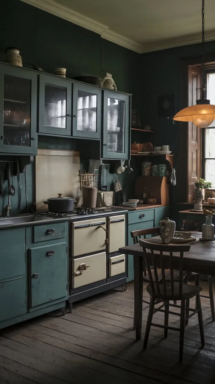 In a moody kitchen of dark green walls and vintage treasures, the air is thick with culinary history, sparking heartfelt conversations and cherished memories.