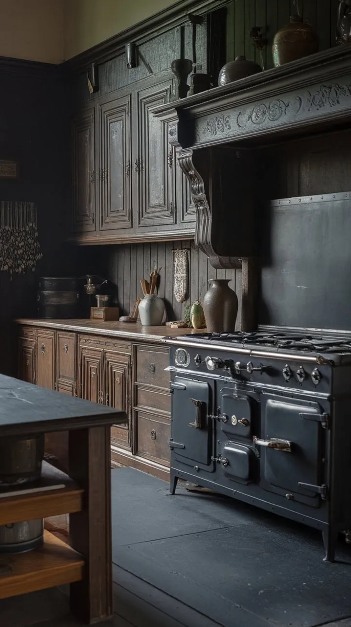 Step into this enchanting kitchen, where history and intricate carvings invite you to uncover its culinary secrets and romantic charm.