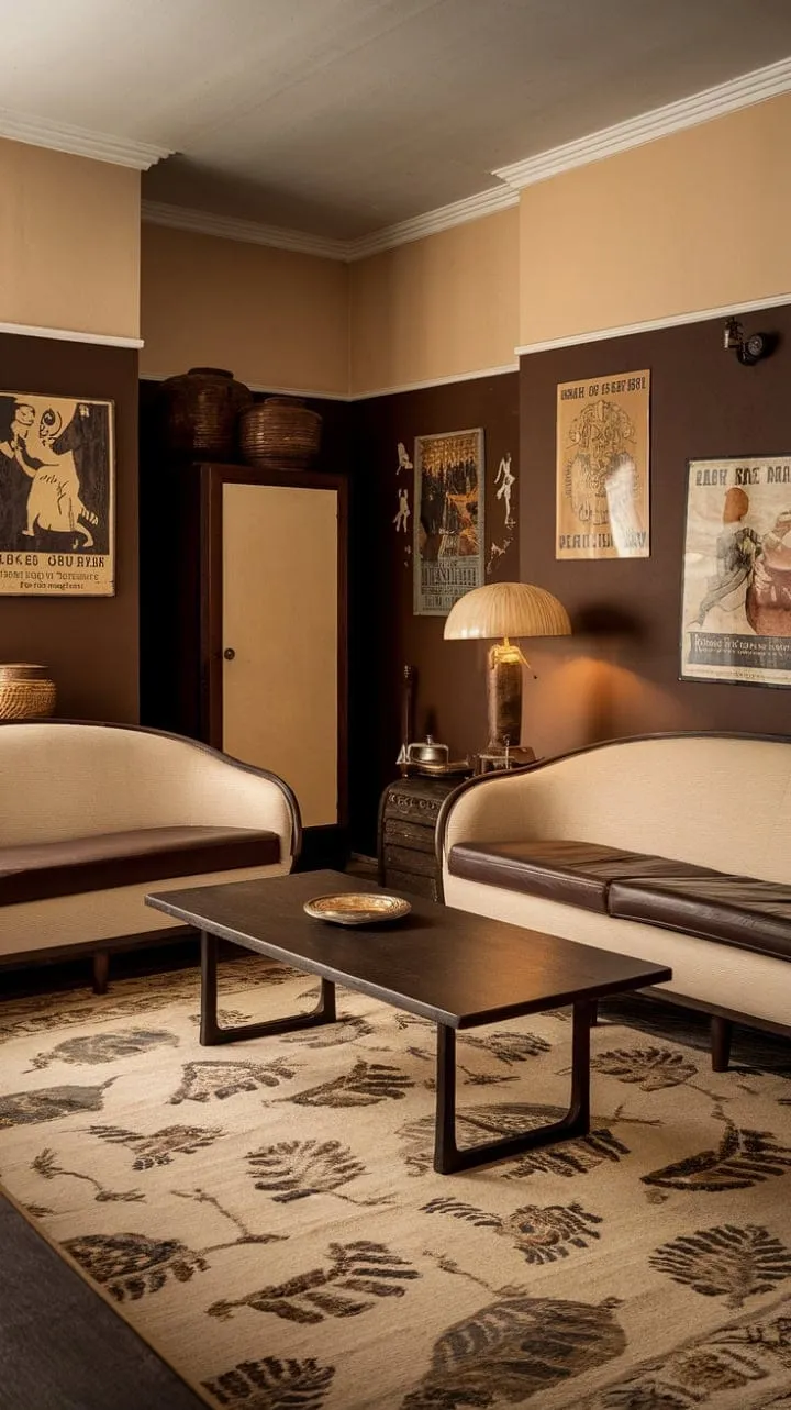 A warm beige lamp bathes the vintage living room in a nostalgic glow, weaving together rich textures and subtle hues into a sanctuary of timeless elegance.