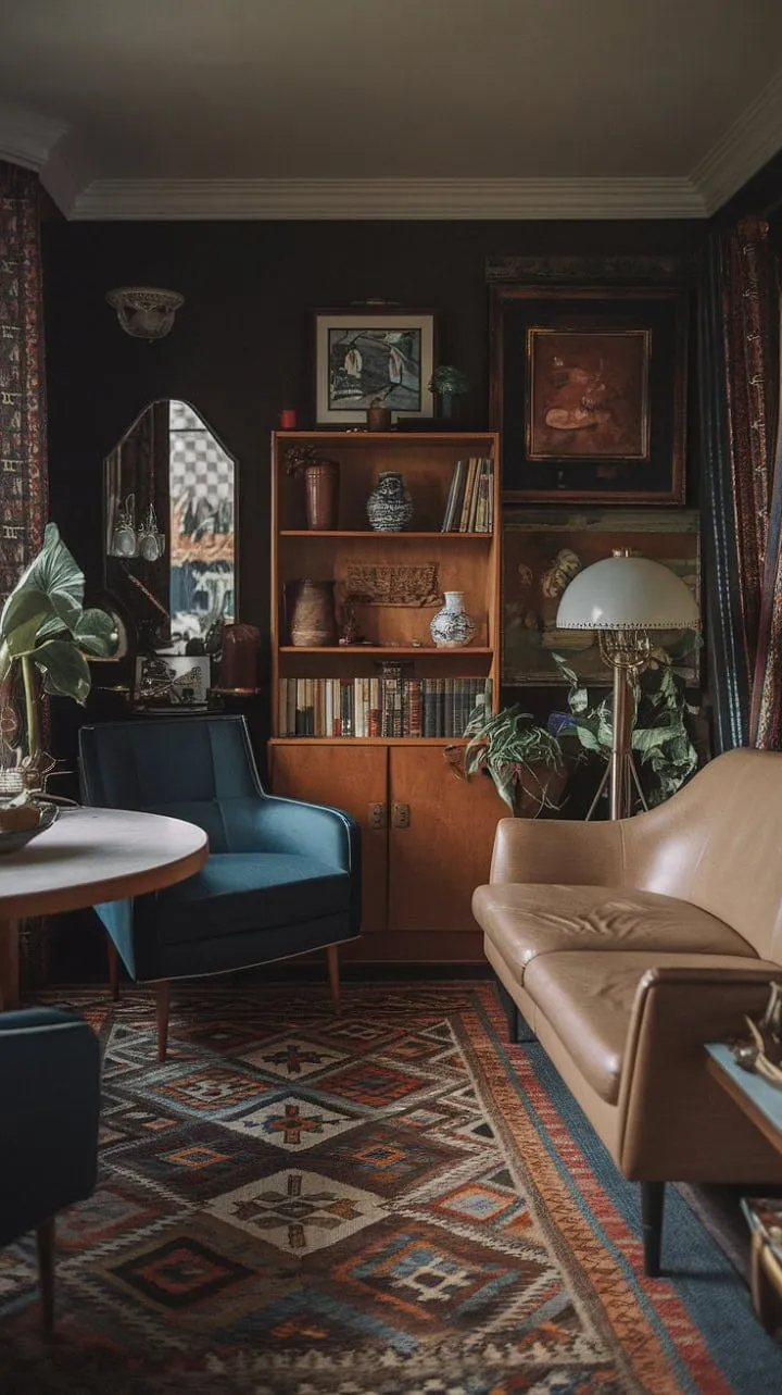 This vintage living room, with its rich colors and beloved artifacts, radiates a cozy charm that beautifully reflects the elegance of yesteryear.