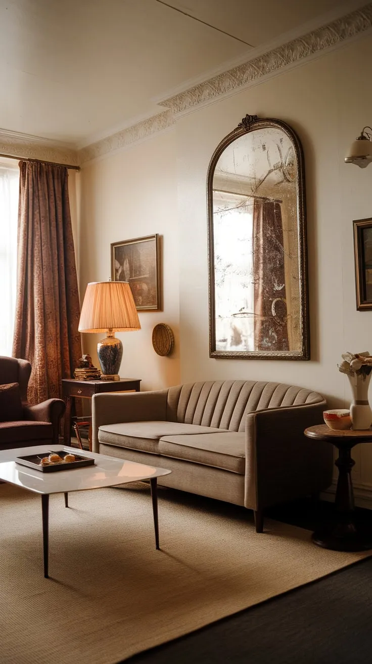 The warm atmosphere of this vintage living room, featuring a stylish beige sofa and retro decor, perfectly captures the essence of casa vintage and vintage apartment vibes.