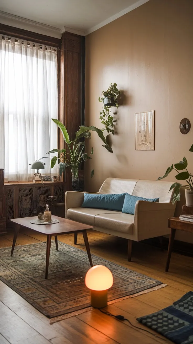 This vintage living room, featuring a beige sofa with blue cushions and retro decor, perfectly captures the cozy apartment vibes of a dream vintage apartment.