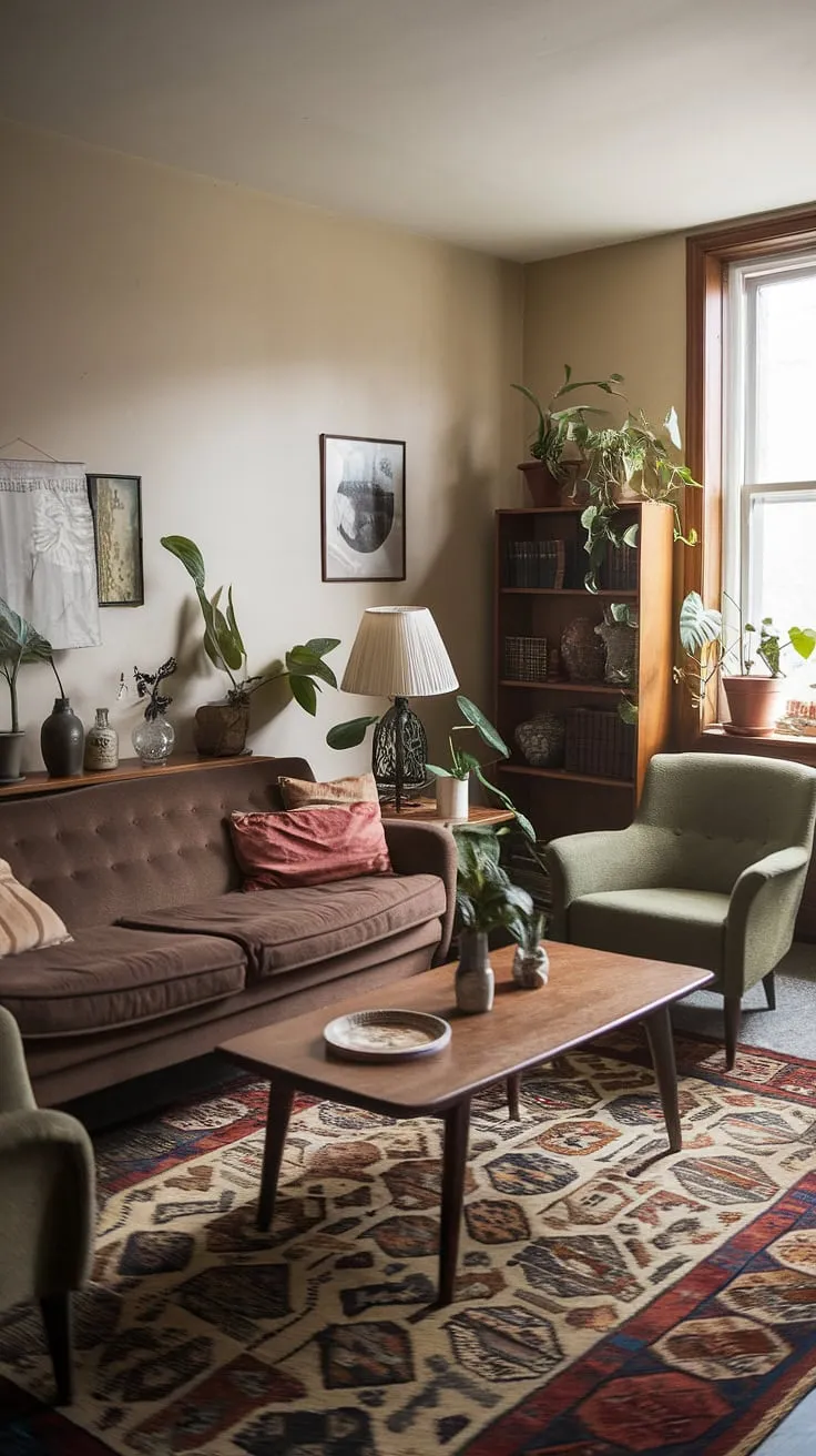 With its charming beige walls and carefully curated vintage decor, this vintage apartment radiates cozy casa vintage aesthetics and retro studio vibes.
