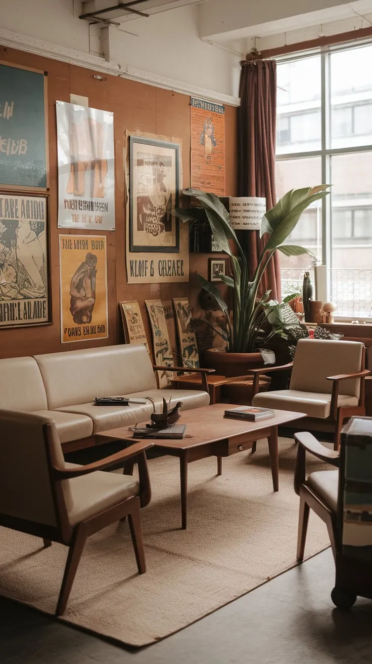 Transform your vintage apartment into a dream space with vintage living room ideas that showcase retro home decor, featuring a cozy beige sofa, vintage art, and lush plants for the ultimate vintage home vibes.