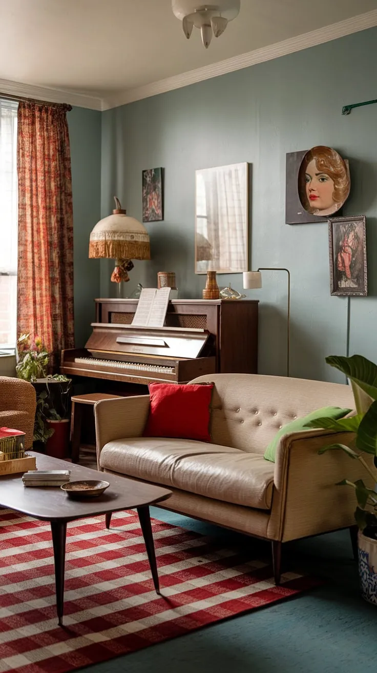 With its light blue walls, checkered rug, and eclectic vintage decorations, this retro studio captures the essence of casa vintage and vintage home vibes.