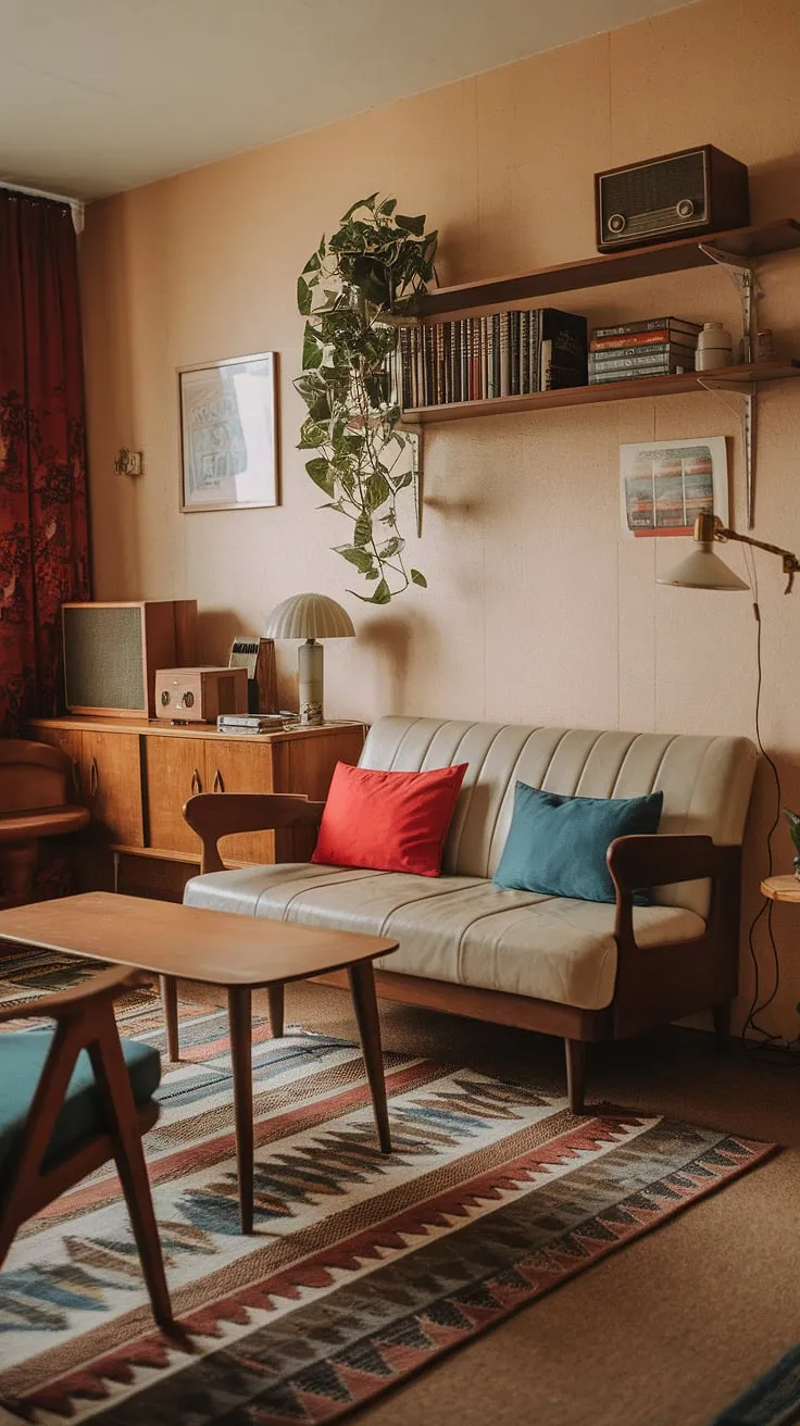 The warm hues and eclectic vintage decor create inviting apartment vibes in this retro studio, perfect for anyone seeking vintage living room ideas.