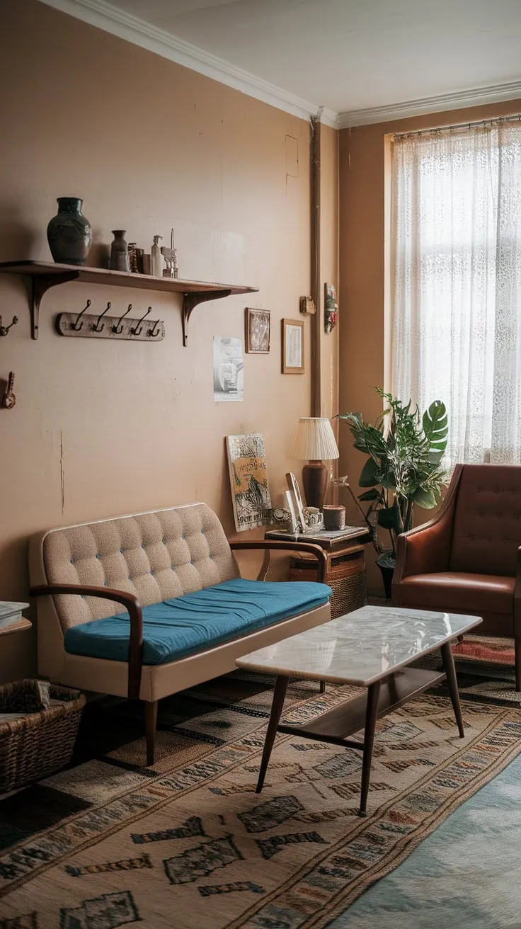With its charming beige walls, patterned rug, and carefully curated vintage decor, this retro studio captures the essence of casa vintage and vintage home vibes.